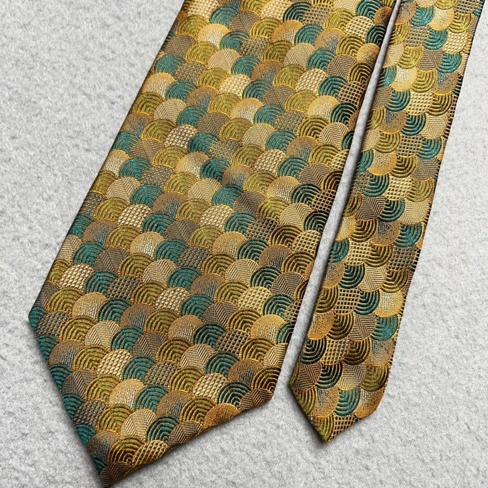 Pierre Cardin Men‎ Silk Tie Gold Teal Shiney Geo Fan Scale Art Deco Woven USA